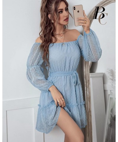 Women Dress Off Shoulder Chiffon Ladies Dress Elastic Neck Long Sleeve Dress with Lining and Waistband Light Blue $20.51 Dresses