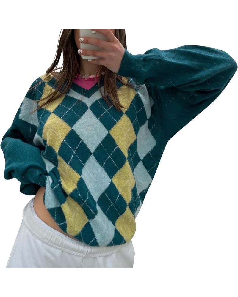 Women Argyle Plaid Sweater Pullover Sweet Preppy Style Autumn Winter Knitwear Sweater Vest Y2K Top E-Girl Vintage Sweater Lak...