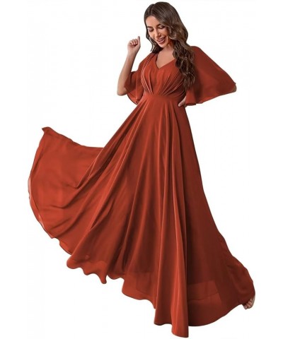 Ruffles Flutter Sleeve Chiffon Bridesmaid Dress Long V Neck Pleated Formal Dress for Women Wedding Guest Burnt Orange $24.39 ...