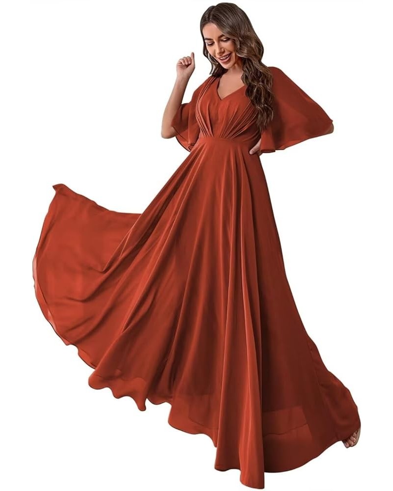 Ruffles Flutter Sleeve Chiffon Bridesmaid Dress Long V Neck Pleated Formal Dress for Women Wedding Guest Burnt Orange $24.39 ...