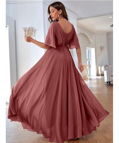 Ruffles Flutter Sleeve Chiffon Bridesmaid Dress Long V Neck Pleated Formal Dress for Women Wedding Guest Burnt Orange $24.39 ...