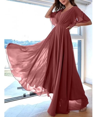 Ruffles Flutter Sleeve Chiffon Bridesmaid Dress Long V Neck Pleated Formal Dress for Women Wedding Guest Burnt Orange $24.39 ...