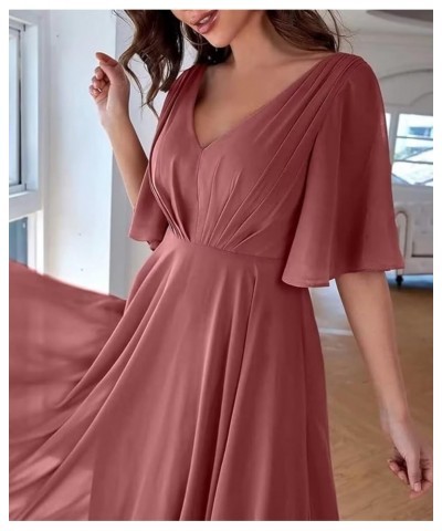 Ruffles Flutter Sleeve Chiffon Bridesmaid Dress Long V Neck Pleated Formal Dress for Women Wedding Guest Burnt Orange $24.39 ...