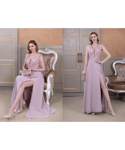 Chiffon Bridesmaid Dresses with Slit V-Neck Mother of Bride Dress Laces Applique Elegant A-line Formal Evening Dresses Silver...