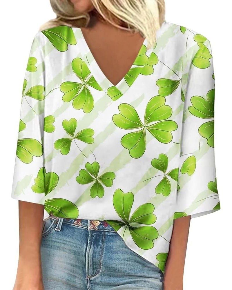 Saint Patricks Day Shirts Women 2024 Shamrock Lucky Tops Long Sleeve V Neck Cold Shoulder Dressy Tunic Blouses M4 F-light Gre...