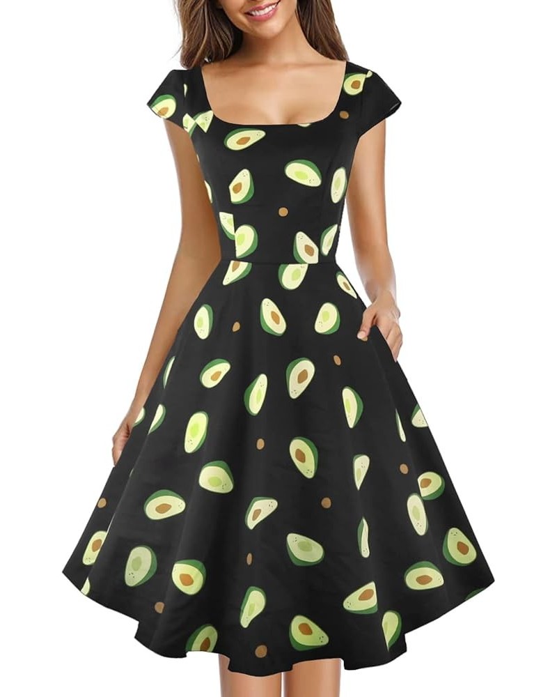 Women's Cocktail Party Dress Cap Sleeve 1950 Retro Swing Dress with Pockets Z-black Avocado $14.35 Dresses