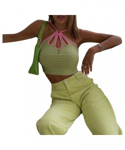 Women Y2K Sexy Deep V Neck Halter Crop Top Lace Patchwork Graphic Print Camisole Spaghetti Strap Cami Tank Tops K-green $6.88...