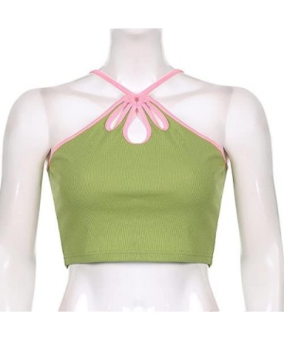 Women Y2K Sexy Deep V Neck Halter Crop Top Lace Patchwork Graphic Print Camisole Spaghetti Strap Cami Tank Tops K-green $6.88...