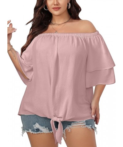 Plus Size Off The Shoulder Tops for Women 3/4 Bell Sleeve Summer Tie Knot T-Shirt Blouse L-4XL Dustypink $11.19 Blouses