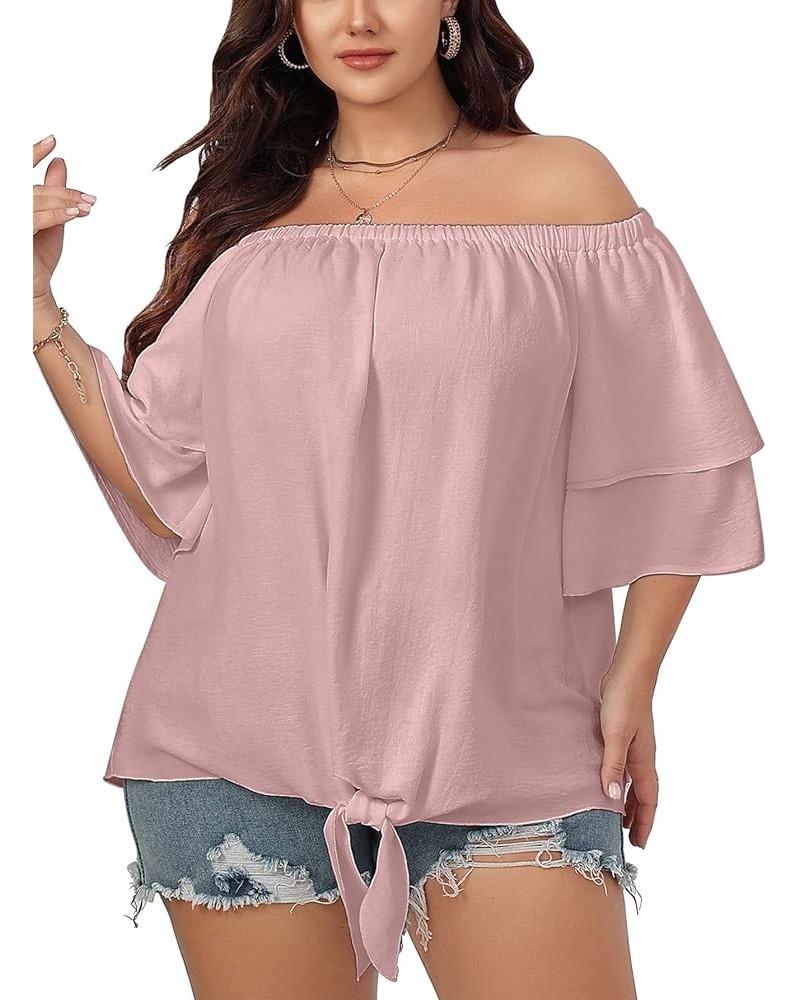 Plus Size Off The Shoulder Tops for Women 3/4 Bell Sleeve Summer Tie Knot T-Shirt Blouse L-4XL Dustypink $11.19 Blouses