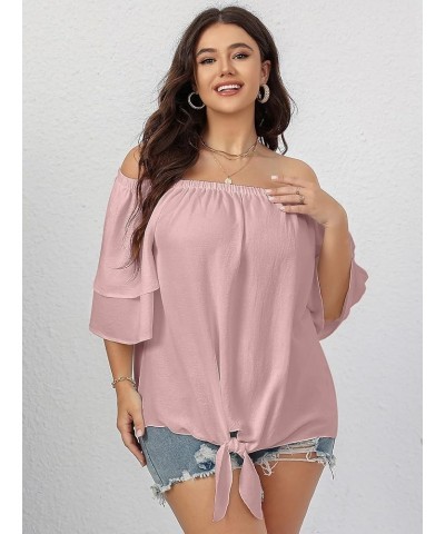 Plus Size Off The Shoulder Tops for Women 3/4 Bell Sleeve Summer Tie Knot T-Shirt Blouse L-4XL Dustypink $11.19 Blouses