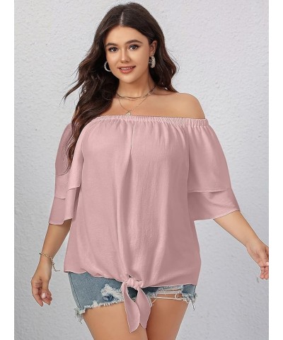 Plus Size Off The Shoulder Tops for Women 3/4 Bell Sleeve Summer Tie Knot T-Shirt Blouse L-4XL Dustypink $11.19 Blouses