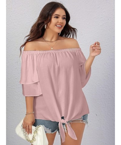 Plus Size Off The Shoulder Tops for Women 3/4 Bell Sleeve Summer Tie Knot T-Shirt Blouse L-4XL Dustypink $11.19 Blouses