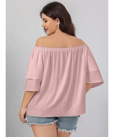 Plus Size Off The Shoulder Tops for Women 3/4 Bell Sleeve Summer Tie Knot T-Shirt Blouse L-4XL Dustypink $11.19 Blouses