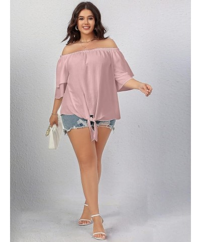 Plus Size Off The Shoulder Tops for Women 3/4 Bell Sleeve Summer Tie Knot T-Shirt Blouse L-4XL Dustypink $11.19 Blouses