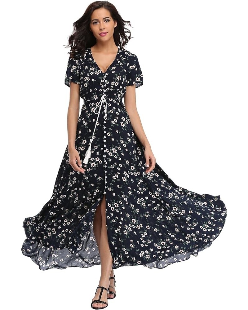 Women's Boho Floral Maxi Dress Summer Button Up Split Flowy Beach Party Dress Navy Litterflower $18.89 Dresses