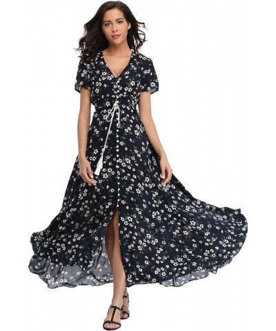 Women's Boho Floral Maxi Dress Summer Button Up Split Flowy Beach Party Dress Navy Litterflower $18.89 Dresses