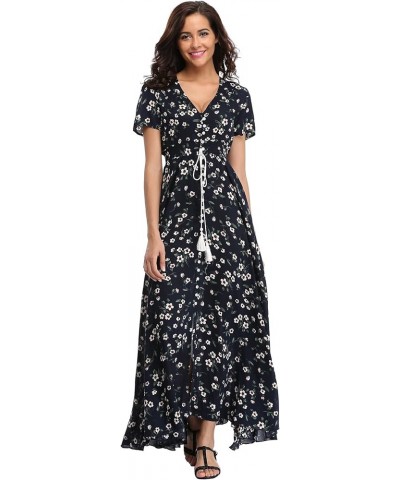 Women's Boho Floral Maxi Dress Summer Button Up Split Flowy Beach Party Dress Navy Litterflower $18.89 Dresses