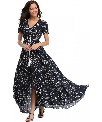 Women's Boho Floral Maxi Dress Summer Button Up Split Flowy Beach Party Dress Navy Litterflower $18.89 Dresses