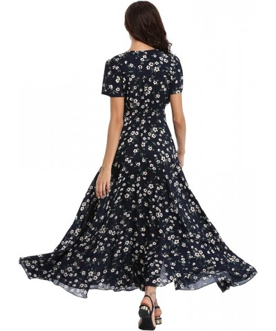 Women's Boho Floral Maxi Dress Summer Button Up Split Flowy Beach Party Dress Navy Litterflower $18.89 Dresses