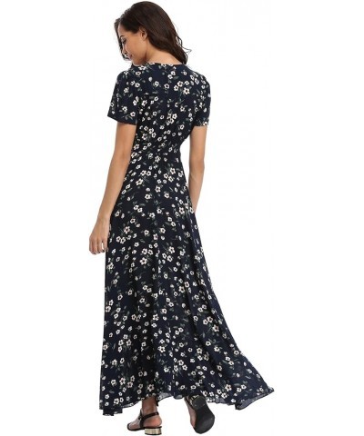 Women's Boho Floral Maxi Dress Summer Button Up Split Flowy Beach Party Dress Navy Litterflower $18.89 Dresses