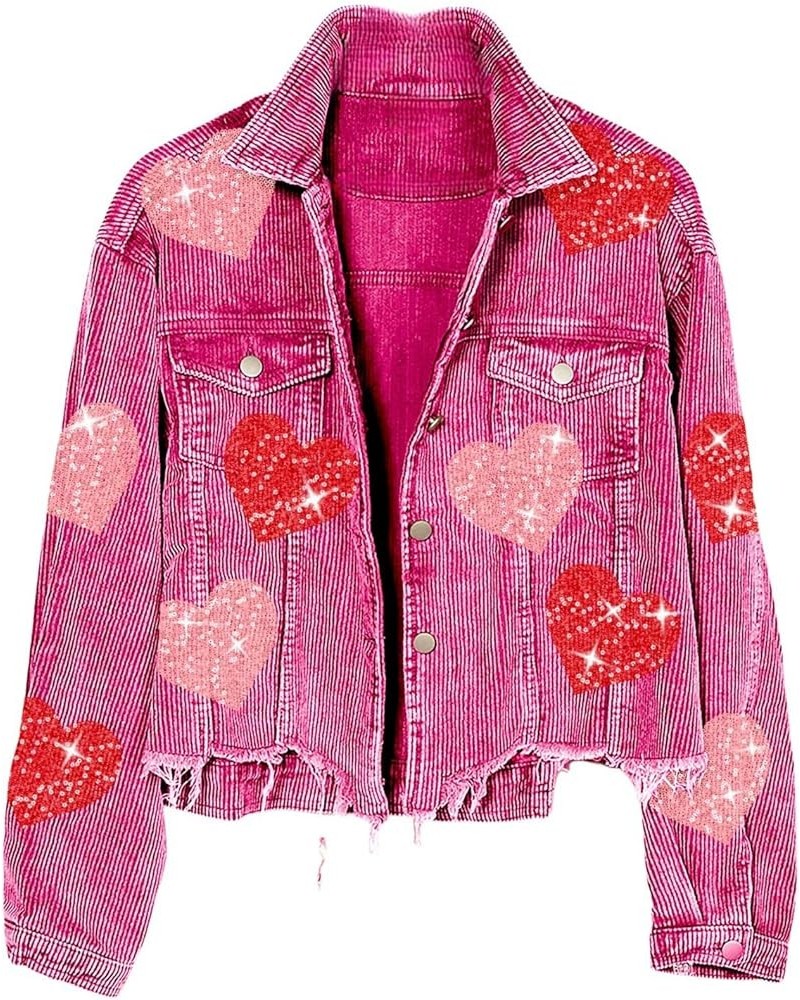 Women’s Valentine's Day Heart Glitter Jacket Cropped Corduroy Coat with Frayed Hem Love-red $16.80 Jackets