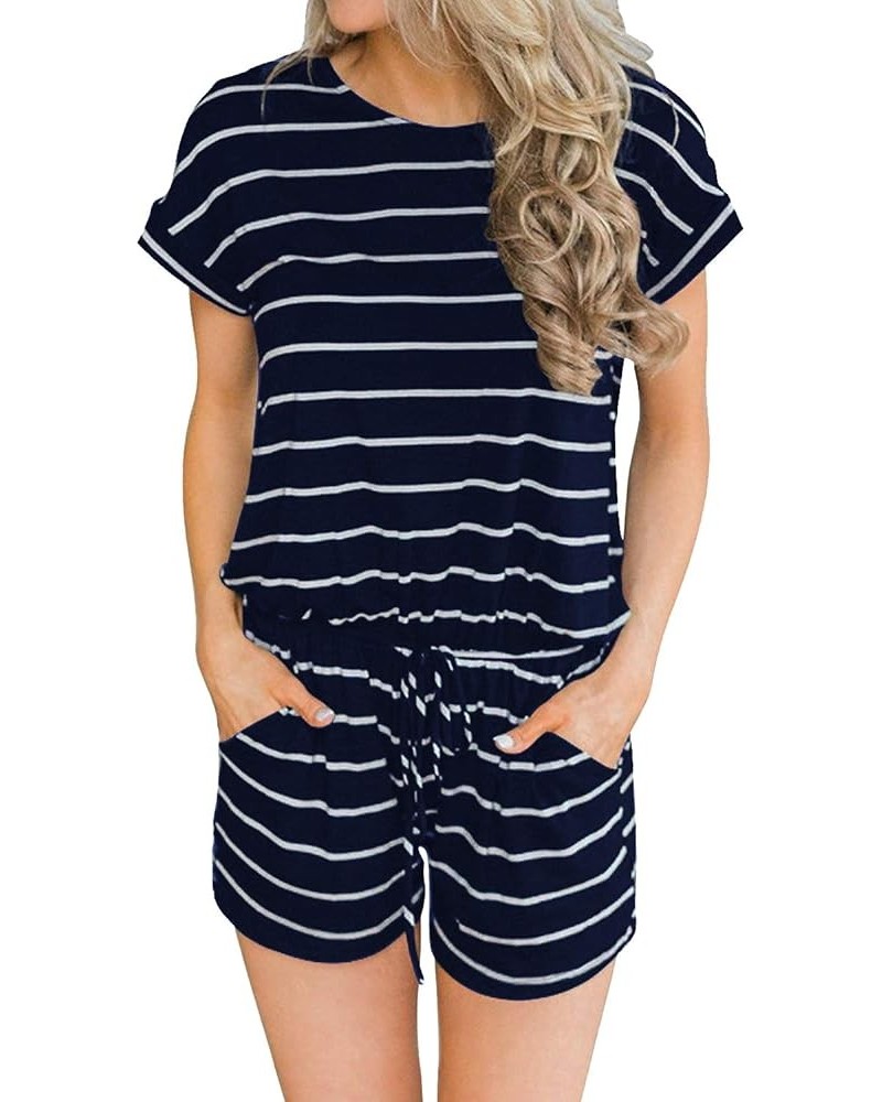 Women's Summer Short Sleeve Romper Casual Loose Stirped Short Rompers Jumpsuits with Pockets Navy Blue $9.89 Rompers