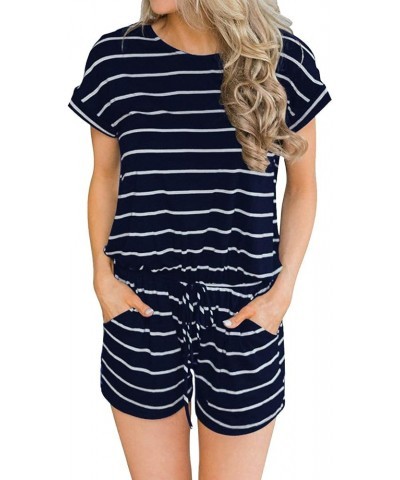 Women's Summer Short Sleeve Romper Casual Loose Stirped Short Rompers Jumpsuits with Pockets Navy Blue $9.89 Rompers