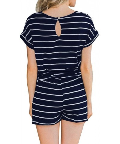 Women's Summer Short Sleeve Romper Casual Loose Stirped Short Rompers Jumpsuits with Pockets Navy Blue $9.89 Rompers