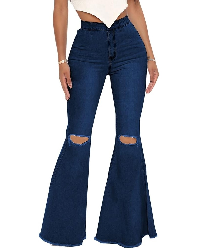 Women's Elastic Ripped Hole Classic Denim Bell Bottom Jeans 2024 Dark Blue $22.41 Jeans