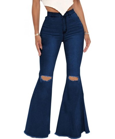 Women's Elastic Ripped Hole Classic Denim Bell Bottom Jeans 2024 Dark Blue $22.41 Jeans