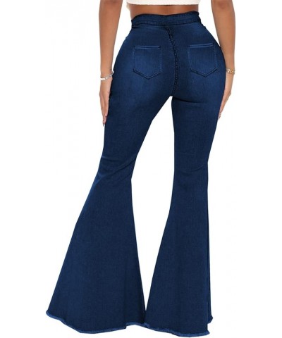 Women's Elastic Ripped Hole Classic Denim Bell Bottom Jeans 2024 Dark Blue $22.41 Jeans