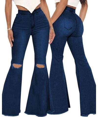 Women's Elastic Ripped Hole Classic Denim Bell Bottom Jeans 2024 Dark Blue $22.41 Jeans