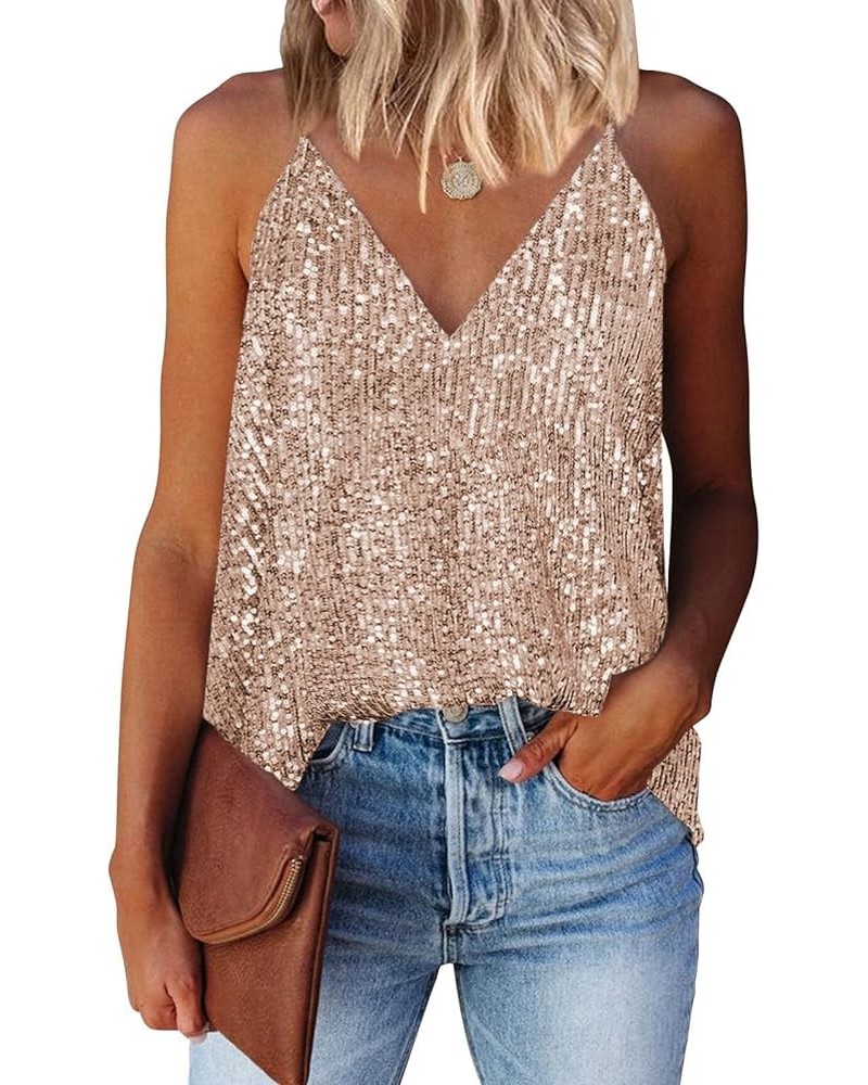 Womens Tank Tops Casual Fashion V Neck Strappy Sequin Sparkle Shimmer Camisole Sleeveless Tanks Tops Gold $15.17 Tanks