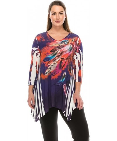 Women's Rhinestone Tunic Top - Plus Size HIT V-Neck 3/4 Sleeve Casual Printed Binding T Shirts U155 Ivory $31.02 Tops