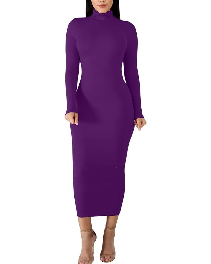 Women's Sexy Basic Long Sleeve Turtleneck Bodycon Party Long Pencil Dress Dark Purple $18.59 Dresses