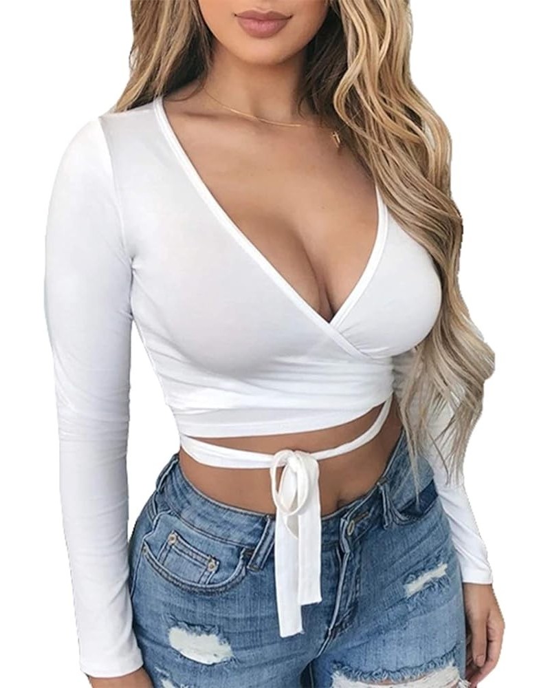 Women Sexy Deep V Neck Crop Top Bandage Wrap Tie Tight Cropped Fitted Cleavage Shirts 01white $11.88 T-Shirts