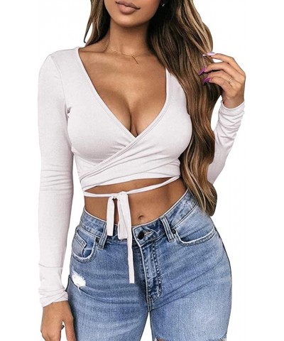 Women Sexy Deep V Neck Crop Top Bandage Wrap Tie Tight Cropped Fitted Cleavage Shirts 01white $11.88 T-Shirts