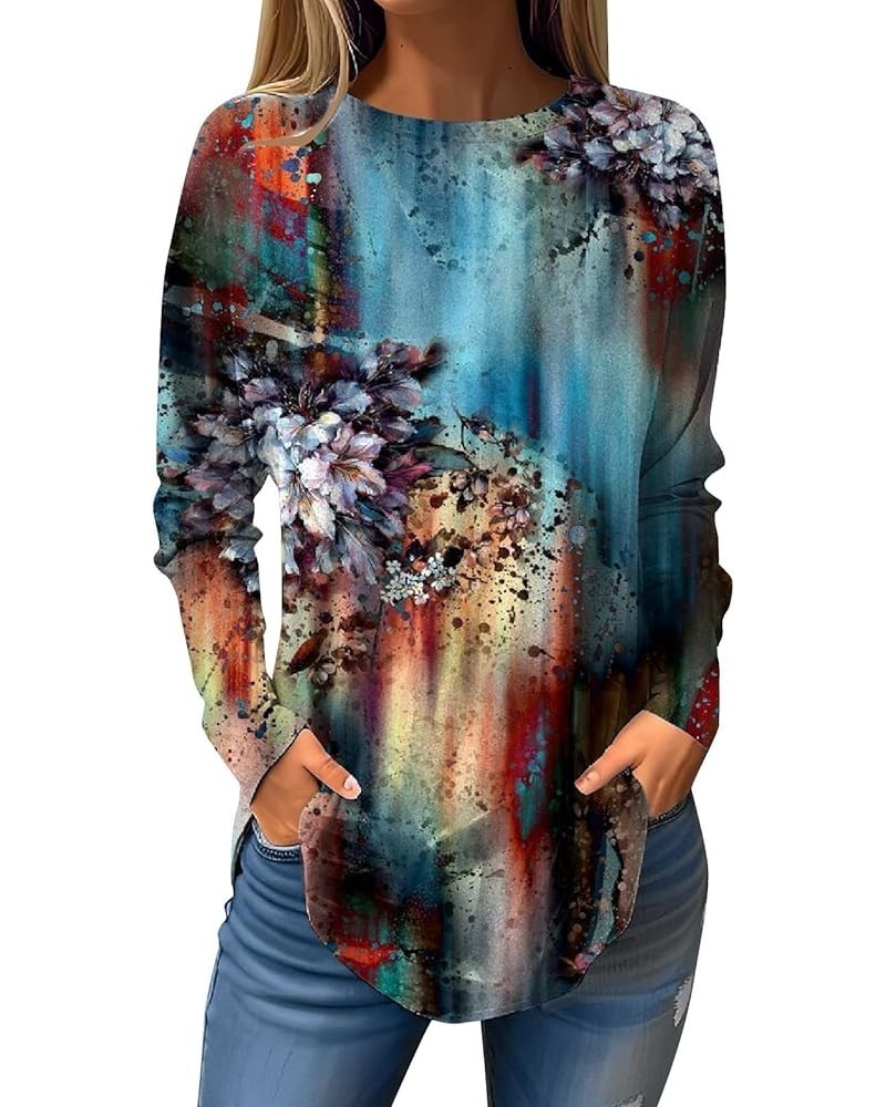 Womens Tops Trendy Long Sleeve Loose Blouse Round Neck Pullover Casual T Shirts Floral Printing Fall Sweatshirt Light Blue $9...