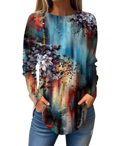 Womens Tops Trendy Long Sleeve Loose Blouse Round Neck Pullover Casual T Shirts Floral Printing Fall Sweatshirt Light Blue $9...