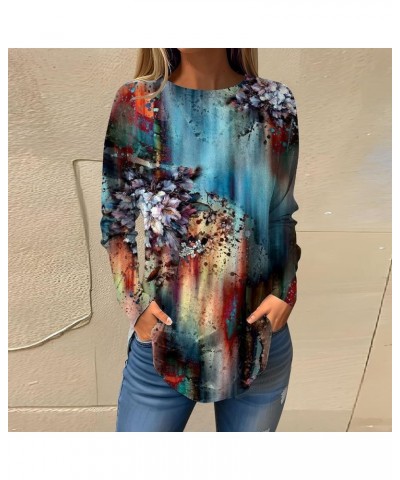 Womens Tops Trendy Long Sleeve Loose Blouse Round Neck Pullover Casual T Shirts Floral Printing Fall Sweatshirt Light Blue $9...