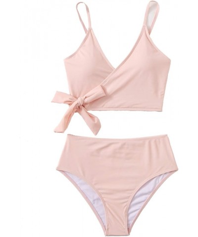 Women's Two Pieces Swimsuit Solid Color Tie Side Top High Waisted Bikini Set Plain Pink $13.63 Swimsuits