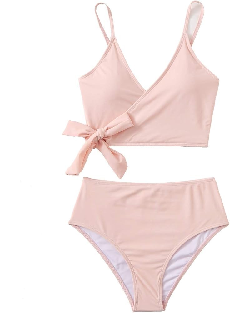 Women's Two Pieces Swimsuit Solid Color Tie Side Top High Waisted Bikini Set Plain Pink $13.63 Swimsuits