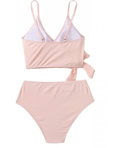 Women's Two Pieces Swimsuit Solid Color Tie Side Top High Waisted Bikini Set Plain Pink $13.63 Swimsuits