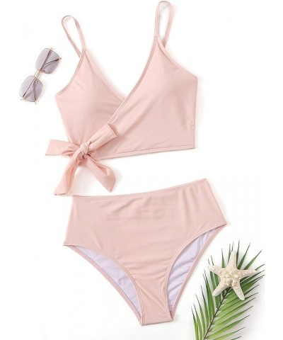 Women's Two Pieces Swimsuit Solid Color Tie Side Top High Waisted Bikini Set Plain Pink $13.63 Swimsuits