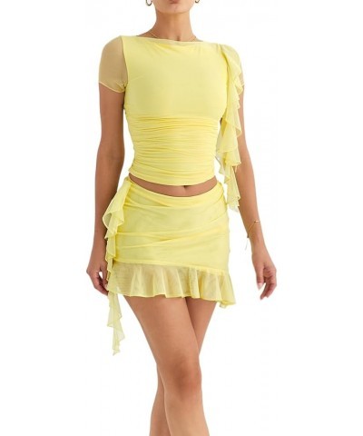 Women Sexy Bodycon Mini Skirt Set Summer Long Sleeve Tube Tops Bodycon Mini Skirts 2PCS Set Streewear Mesh Lemon Yellow $9.56...