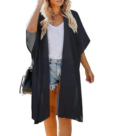 Women's Solid Puff Sleeve Kimono Long Cardigan Loose Cover Up Casual Blouse Top Chiffon Black $15.92 Swimsuits