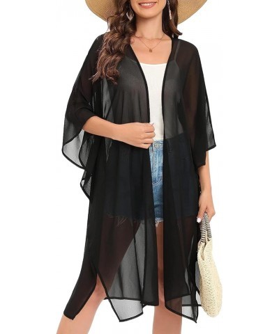 Women's Solid Puff Sleeve Kimono Long Cardigan Loose Cover Up Casual Blouse Top Chiffon Black $15.92 Swimsuits