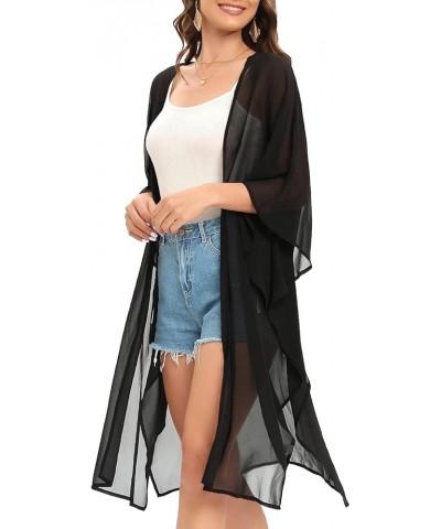 Women's Solid Puff Sleeve Kimono Long Cardigan Loose Cover Up Casual Blouse Top Chiffon Black $15.92 Swimsuits