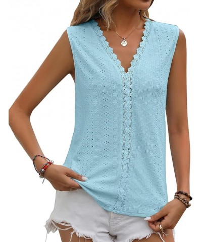 Women's Tank Tops Sleeveless Lace V Neck Summer Flowy Casual Trendy Eyelet Cami Shirts Light Blue $10.07 Tanks